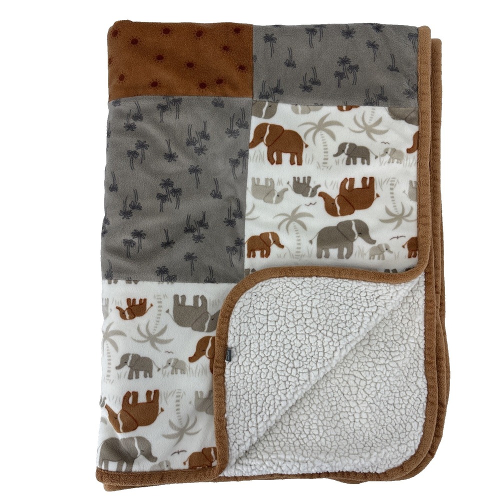 Modern Moments by Gerber Patchwork Baby Blanket Sherpa Brown Gray Elephant 30x40